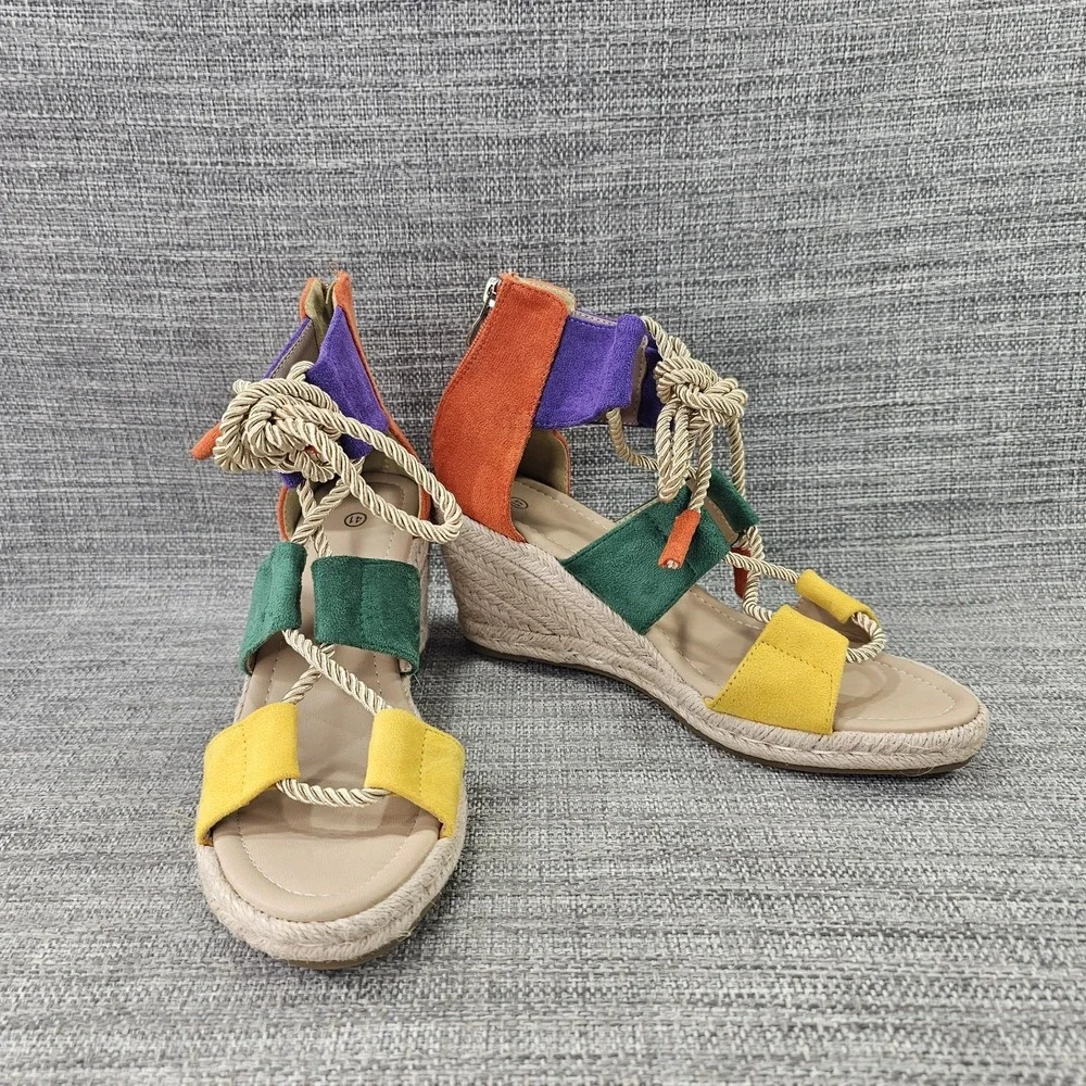 Shein Faux Suede Sandals Espadrille Wedge Ankle Strap Colorblock Women US 9.5/41